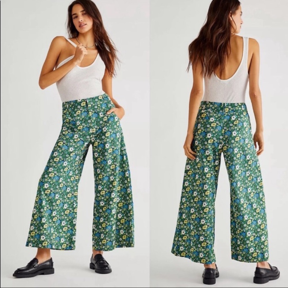 Free People Floral 70’s Vibe Menocra Super Flare Cropped Pants
